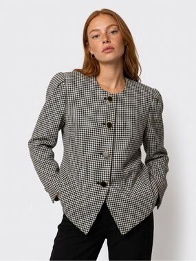 Kasper Black and White Houndstooth Peplum Blazer with Gold-Trim Buttons